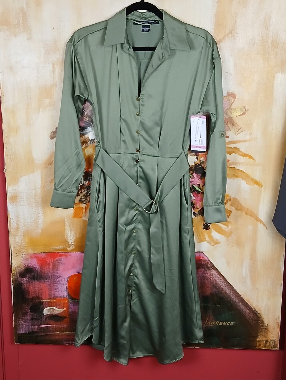 NWT French Connection Olive Green Satin Long Shirt Midi Dress Size S And XL
